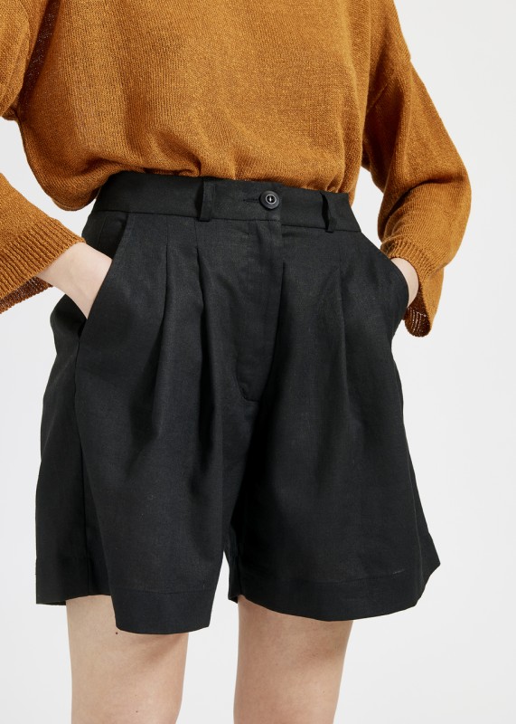 CALI - Pleated Linen Shorts Black