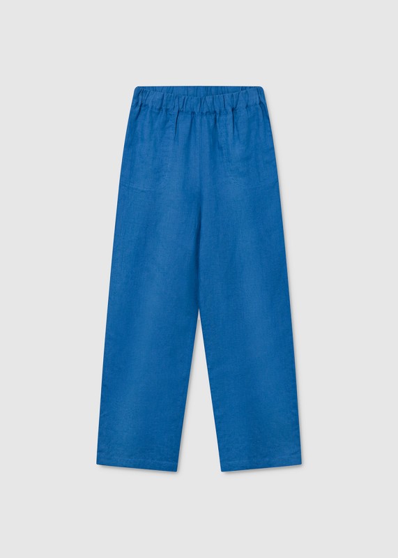 OLEA - Elastic waist wide leg linen trousers, adriatic blue