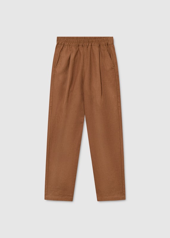 DARA - Elastic waist linen trousers, cognac